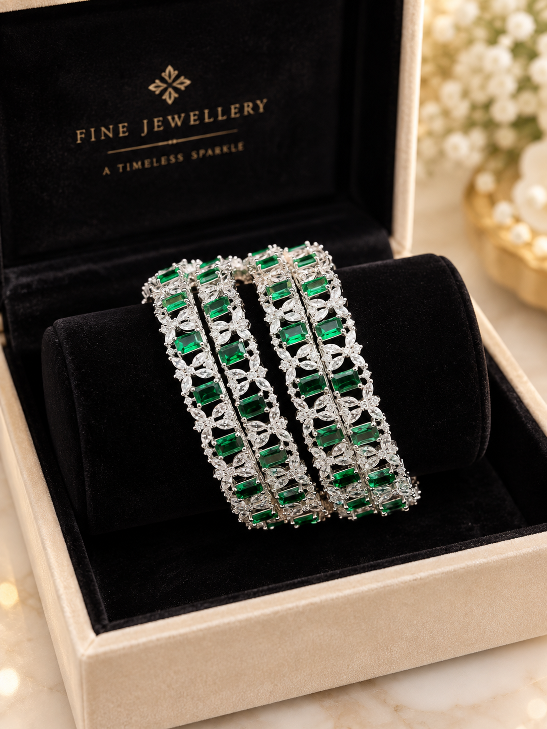 Emerald Green Crystal Bangles | Silver-Tone Leaf Design Bracelet Set