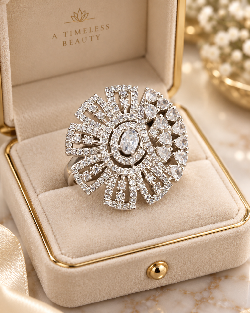 Luxury Silver Crystal Statement Ring | Oval Halo Fan Design