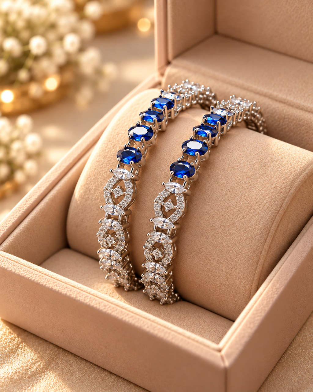 Silver and royal blue bangles close up