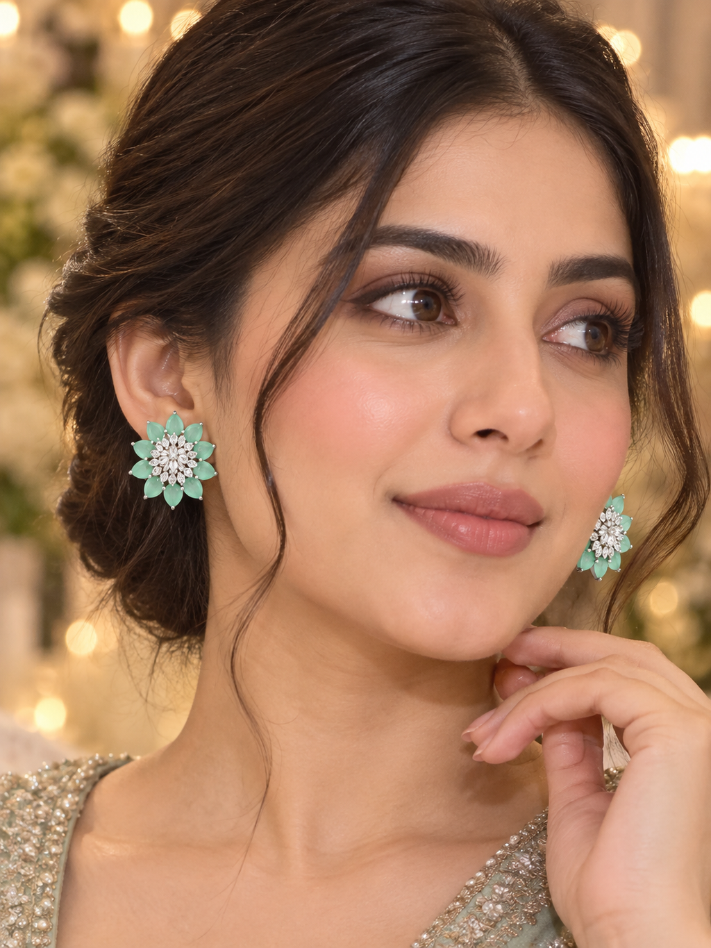 Mint Green Floral Crystal Stud Earrings | Elegant Silver-Tone Statement Earrings