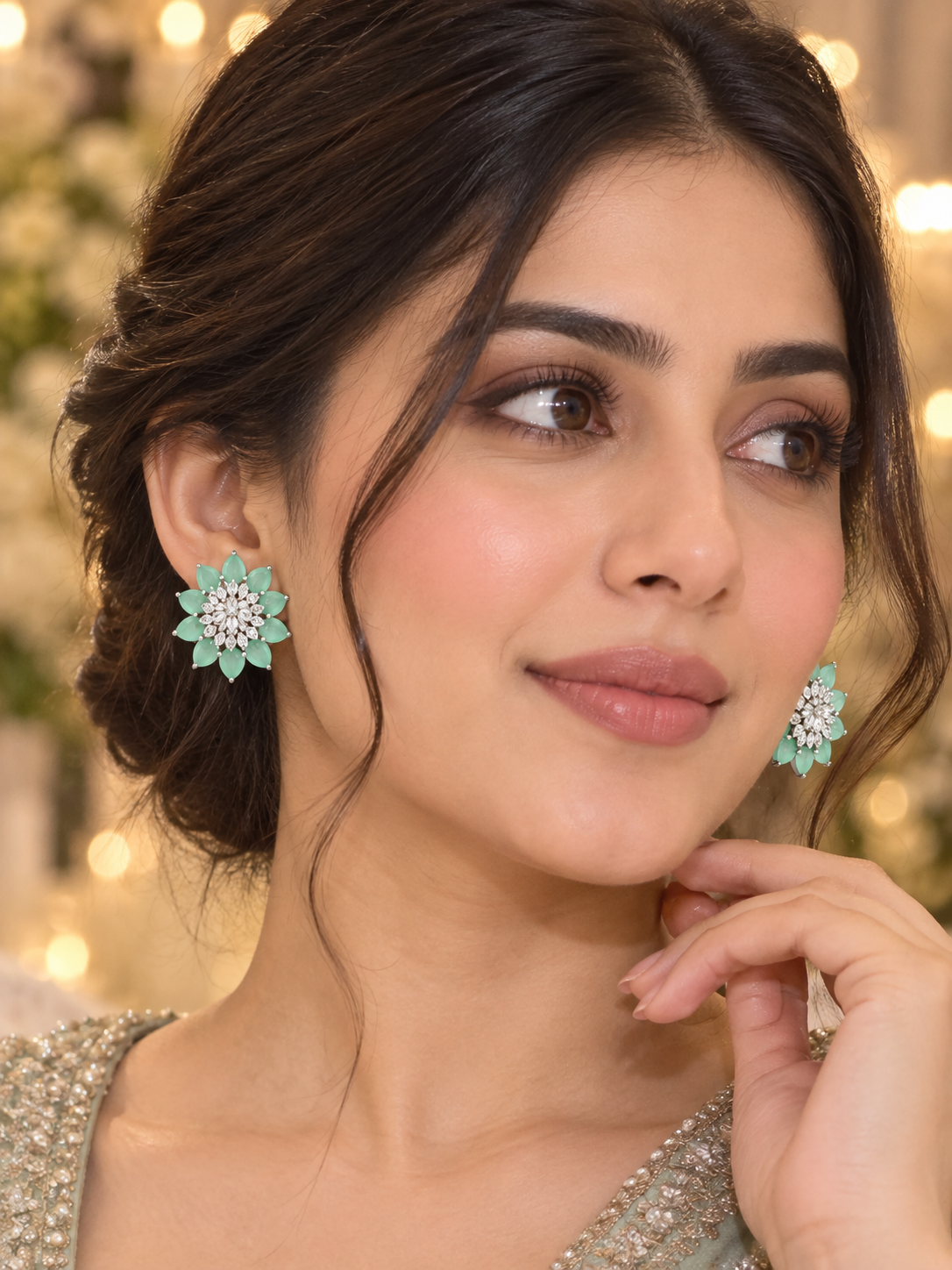 Mint Green Floral Crystal Stud Earrings | Elegant Silver-Tone Statement Earrings