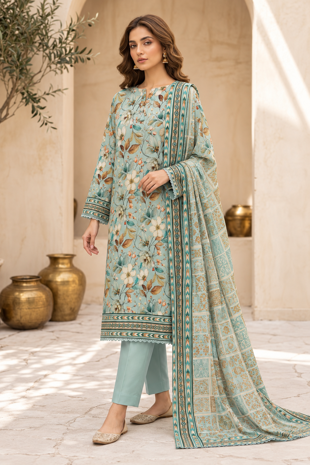 Green floral printed lawn three-piece suit with printed lawn dupatta, full-length view