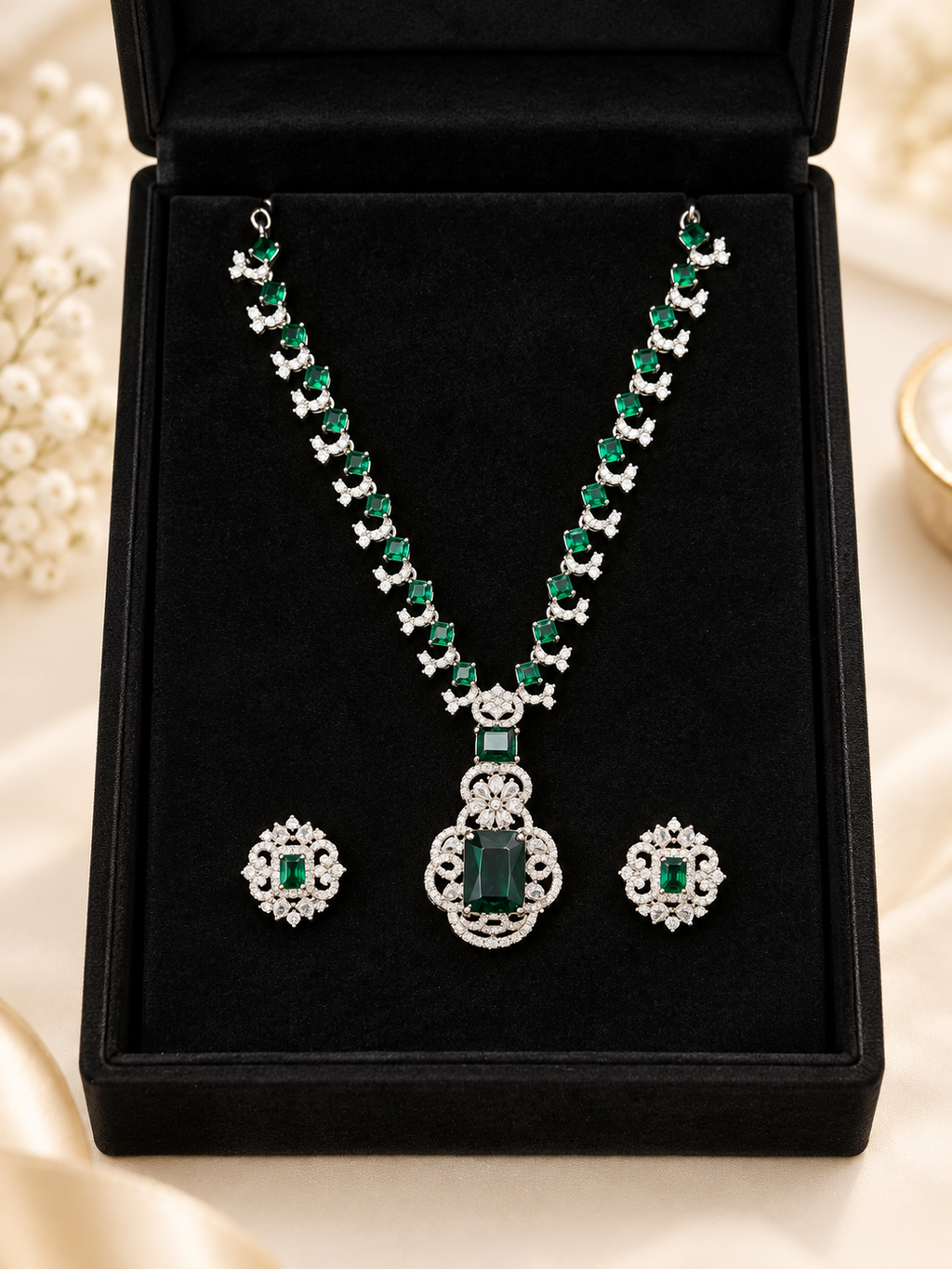 Emerald Green Crystal Pendant Necklace Set with Matching Earrings