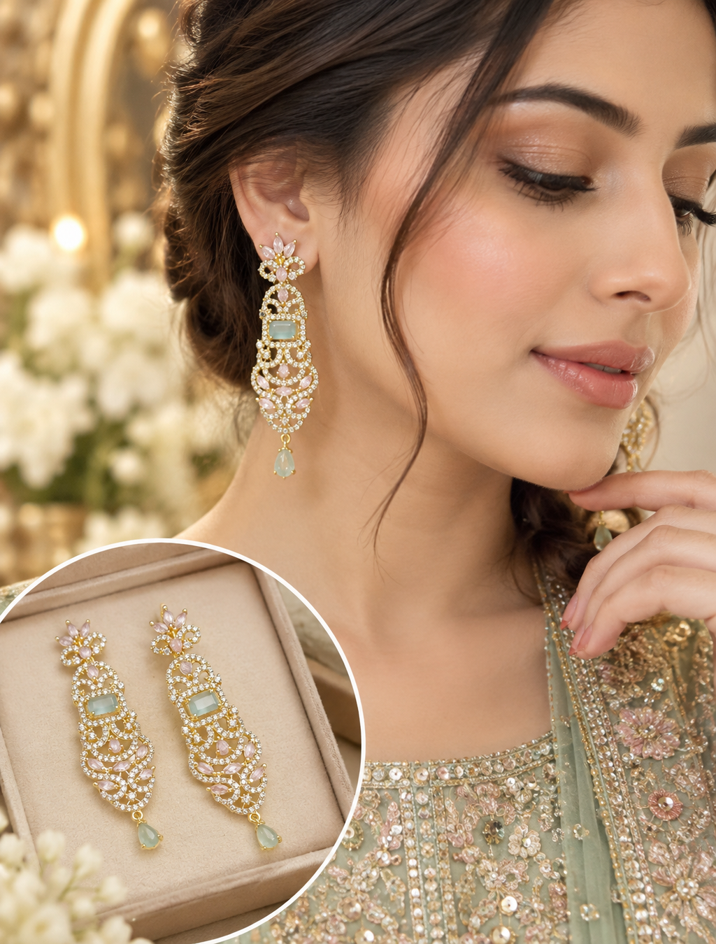 Luxury Gold-Tone Mint & Blush Crystal Long Drop Earrings 023