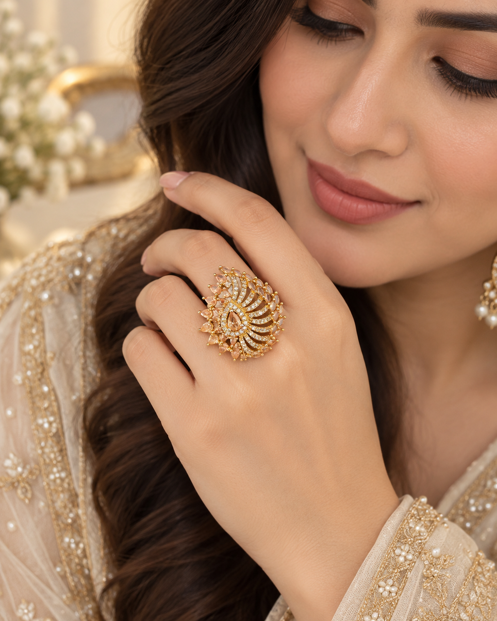 Luxury Champagne Crystal Statement Ring | Gold-Tone Floral Teardrop Design