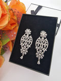 Silver Crystal Floral Chandelier Drop Earrings | Elegant Partywear Statement Earrings