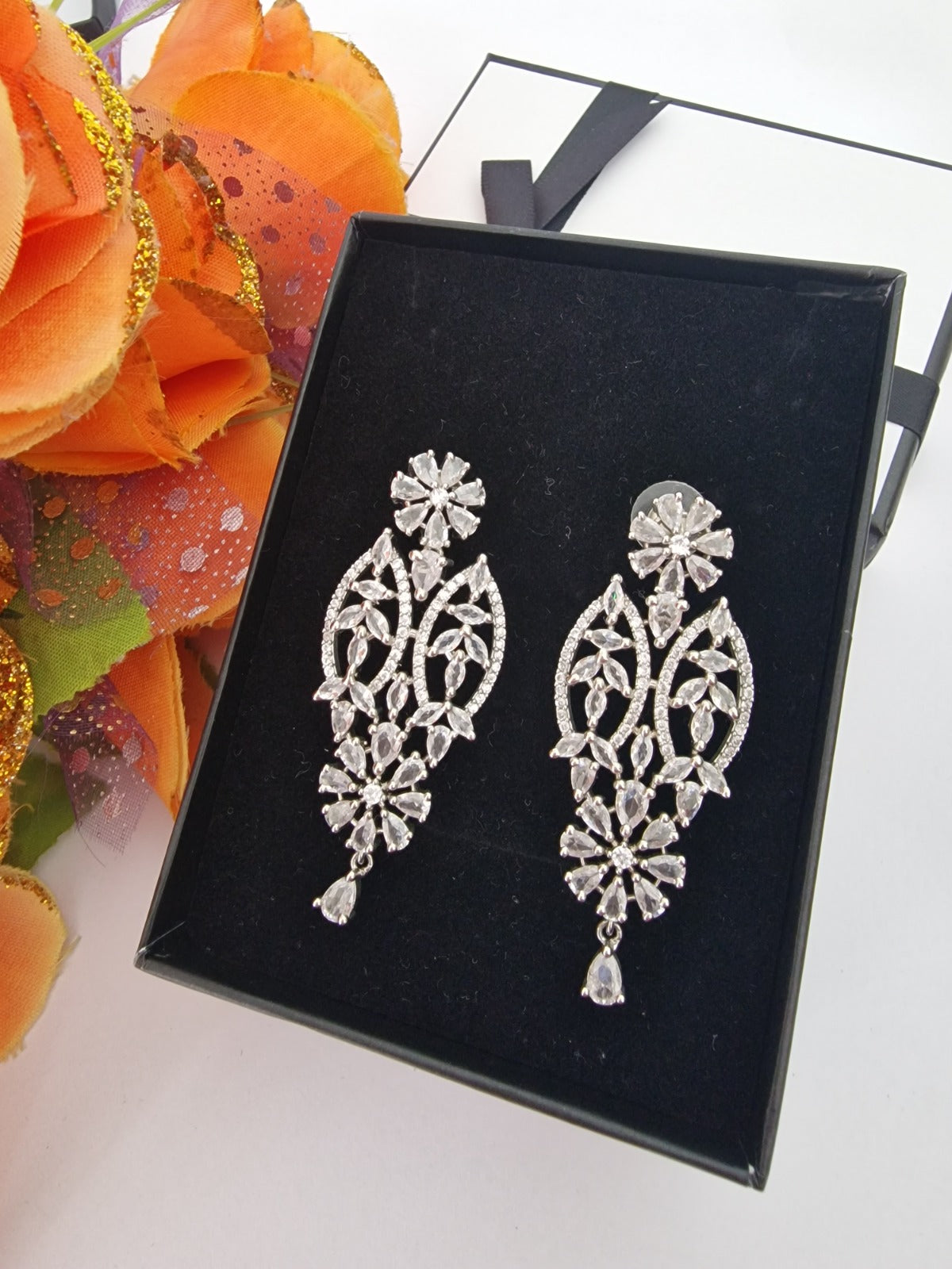 Silver Crystal Floral Chandelier Drop Earrings | Elegant Partywear Statement Earrings