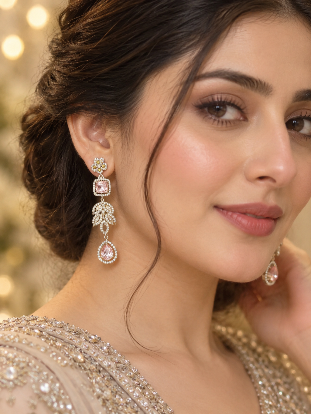 Blush Pink Crystal Drop Earrings | Floral Silver-Tone Chandelier Earrings