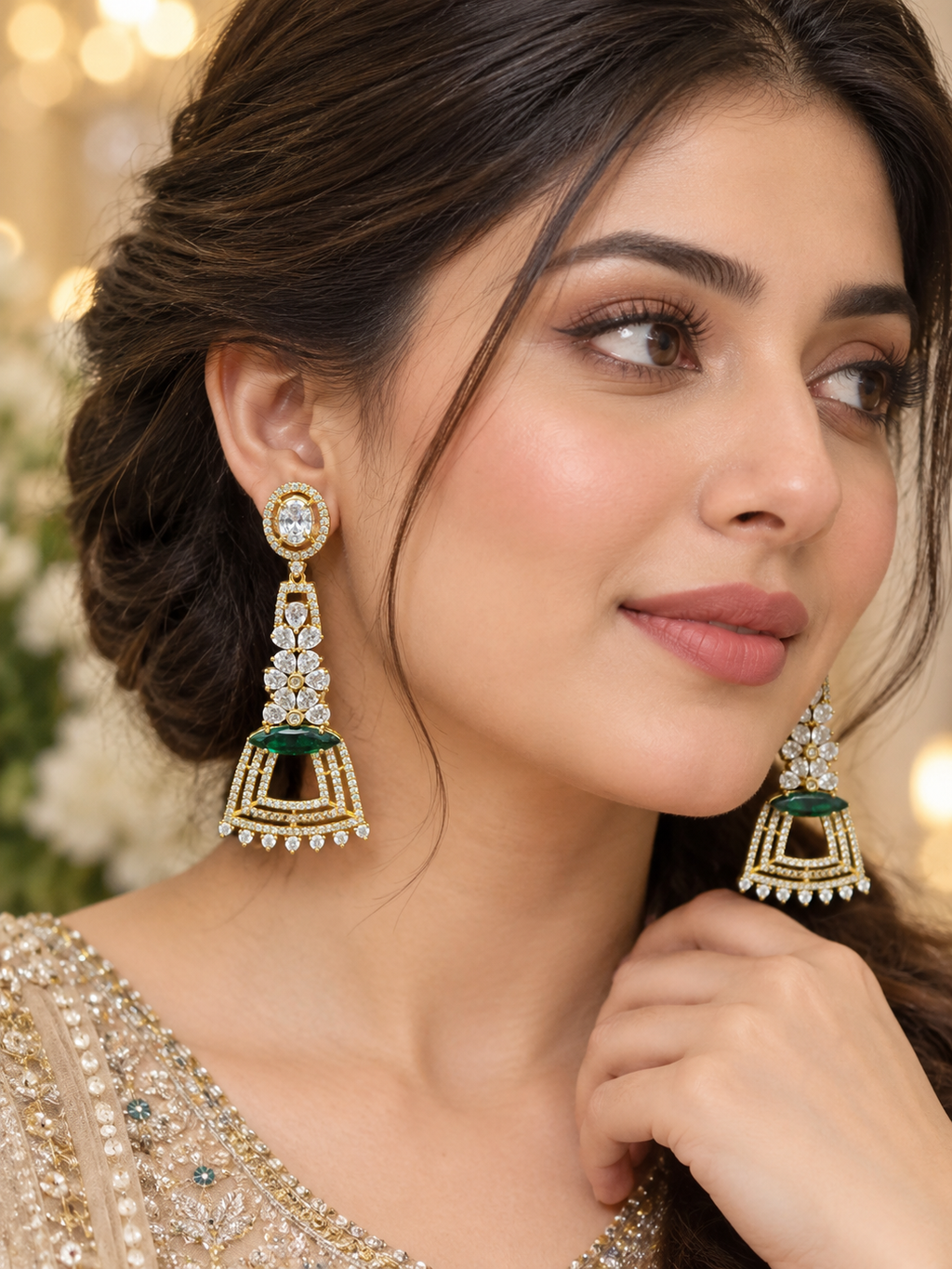 Emerald Green Crystal Drop Earrings | Gold-Tone Geometric Statement Earrings
