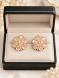 Blush Pink Floral Crystal Stud Earrings | Gold-Tone Statement Earrings