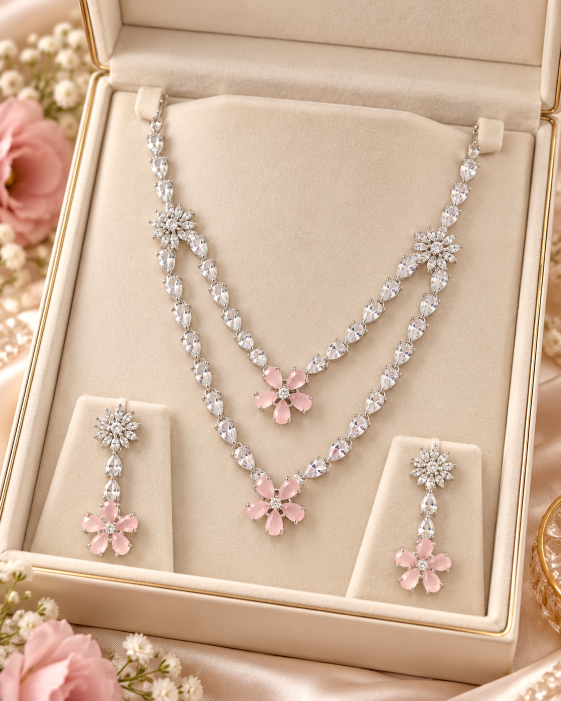 Silver and pink layered floral necklace and matching earrings in a jewellery box