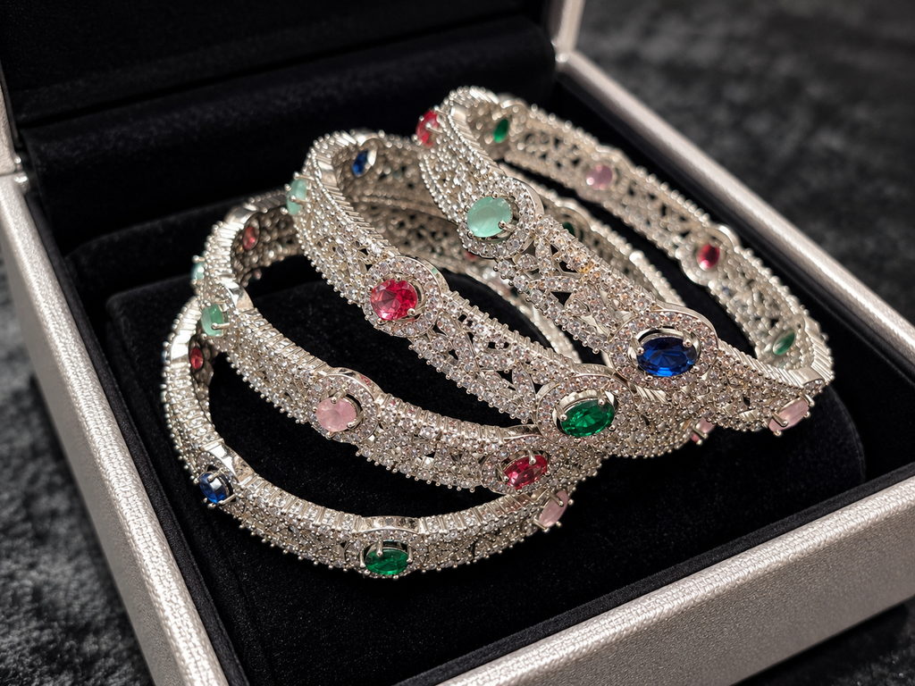 Silver multi-colour bangles close up