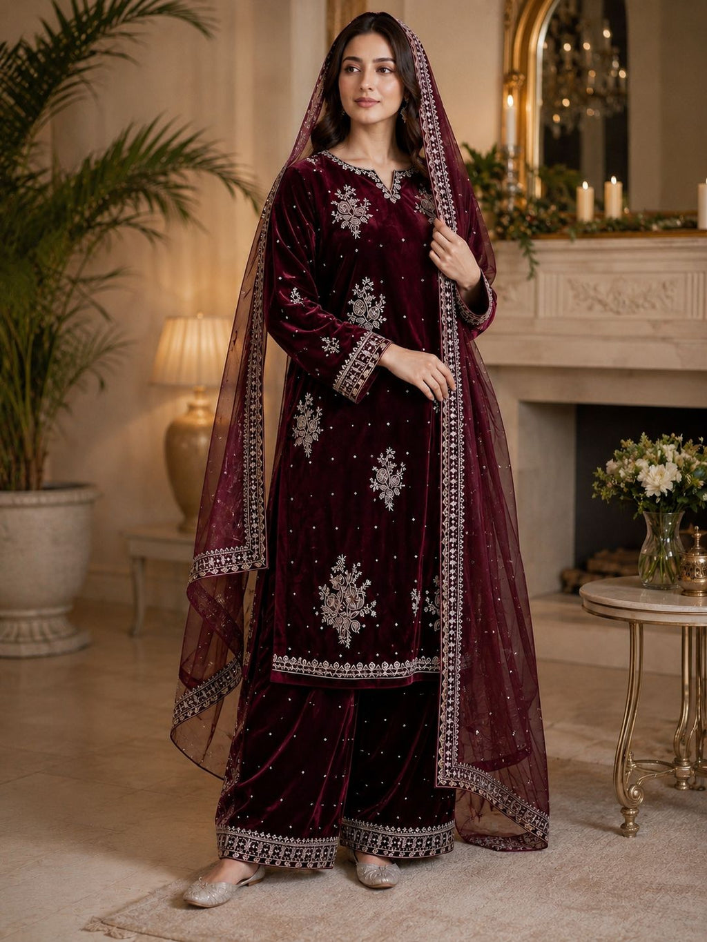 Pure Velvet 3-Piece Embroidered Suit | Thread & Sequence Work | Velvet Plazo + Chiffon Dupatta 2315