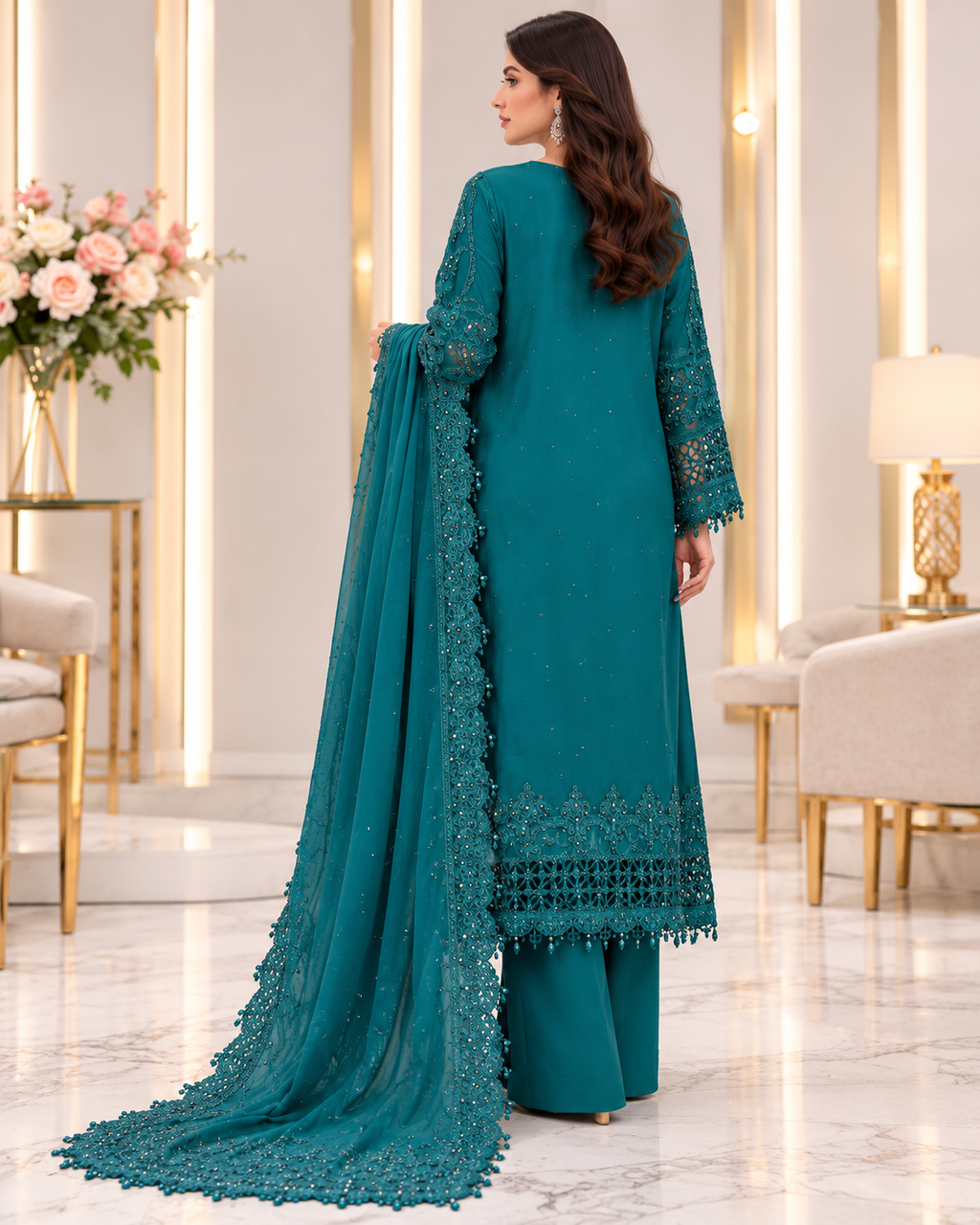 Green Chiffon Embroidered 3-Piece Suit | Size M