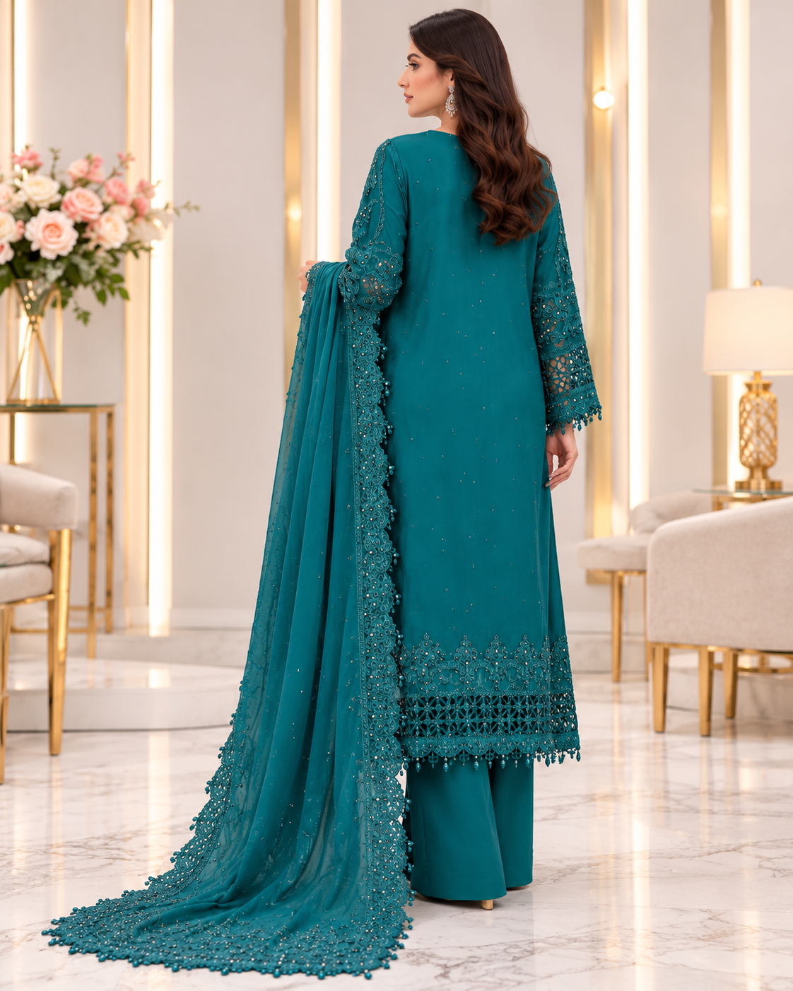 Green Chiffon Embroidered 3-Piece Suit | Size M