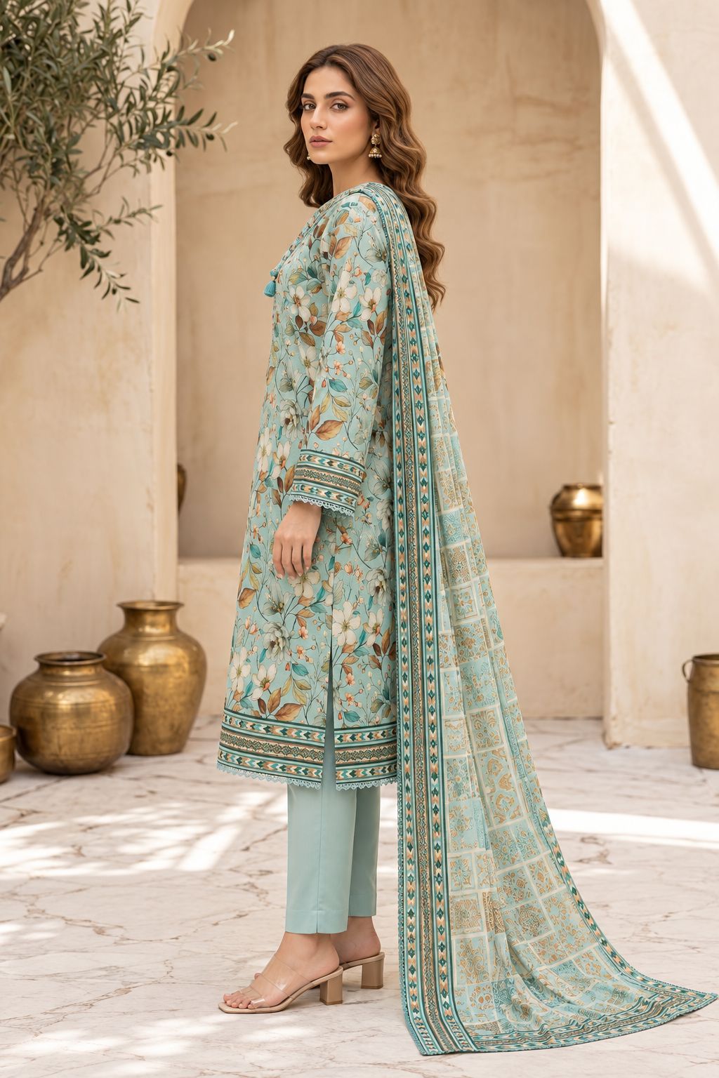 Side view of green floral printed lawn suit and printed lawn dupatta