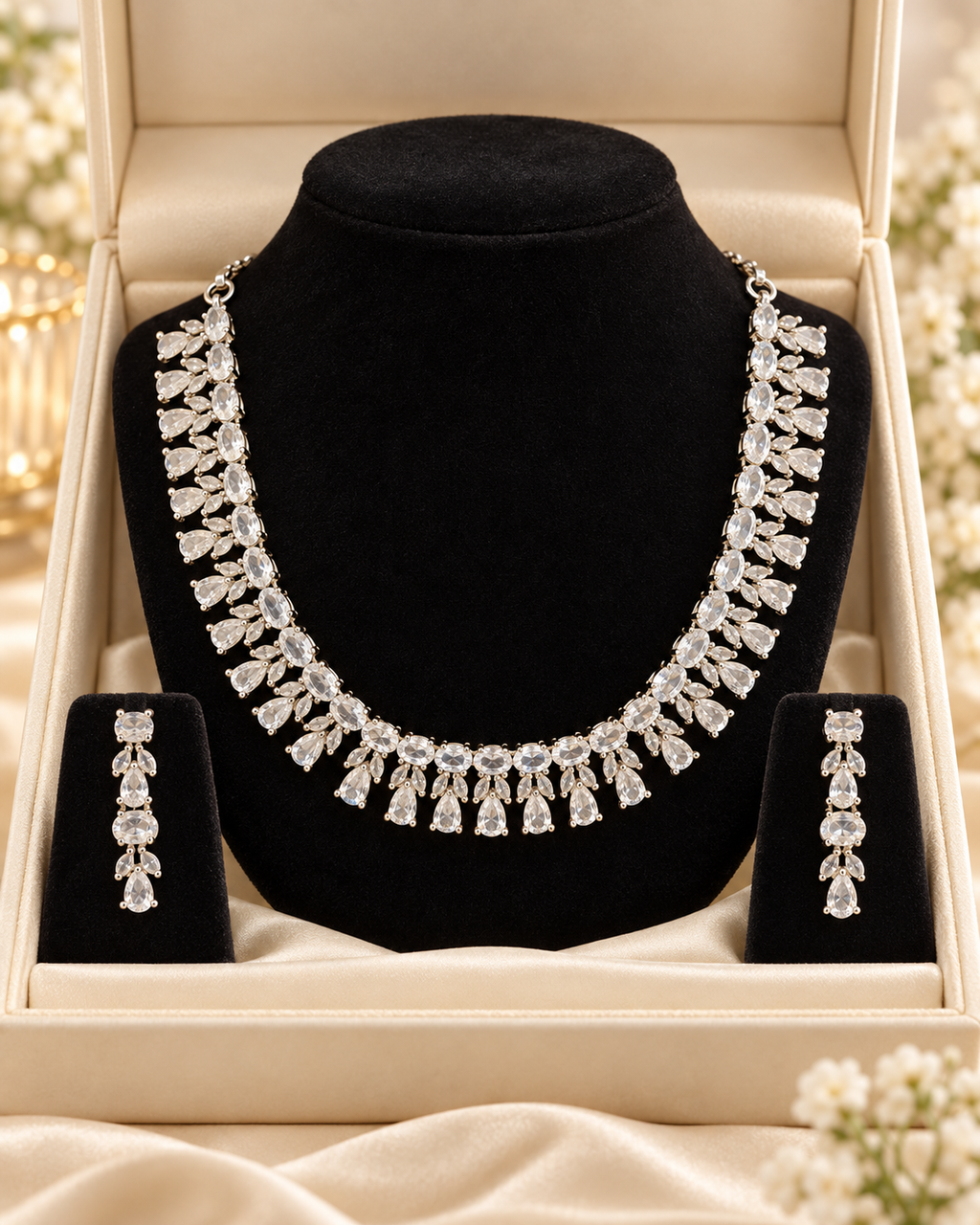 Silver-colour necklace with teardrop-shaped clear stones and matching drop earrings in display box