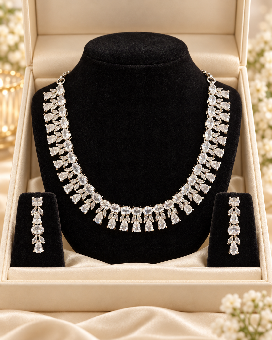 Silver-colour necklace with teardrop-shaped clear stones and matching drop earrings in display box