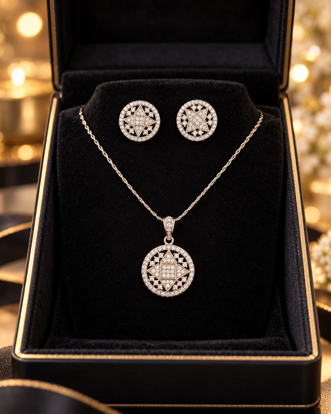 Silver-colour circular geometric pendant necklace with matching round stud earrings in a black box