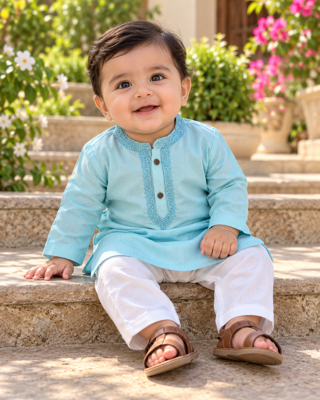 Baby wearing a light aqua blue embroidered kurta with white trousers