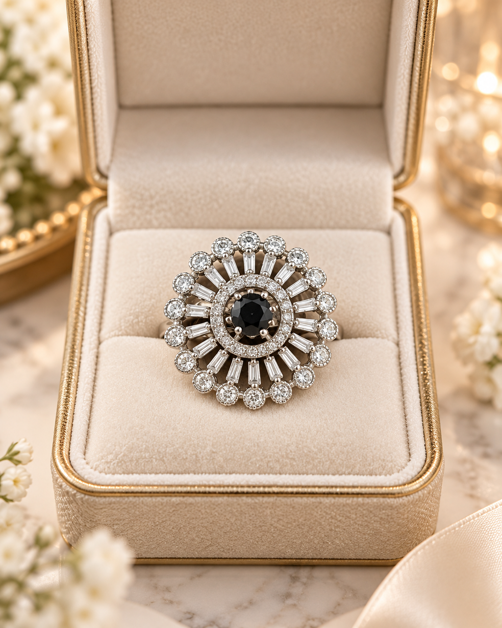 Black Crystal Halo Statement Ring | Silver-Tone Baguette & Round Stone Design