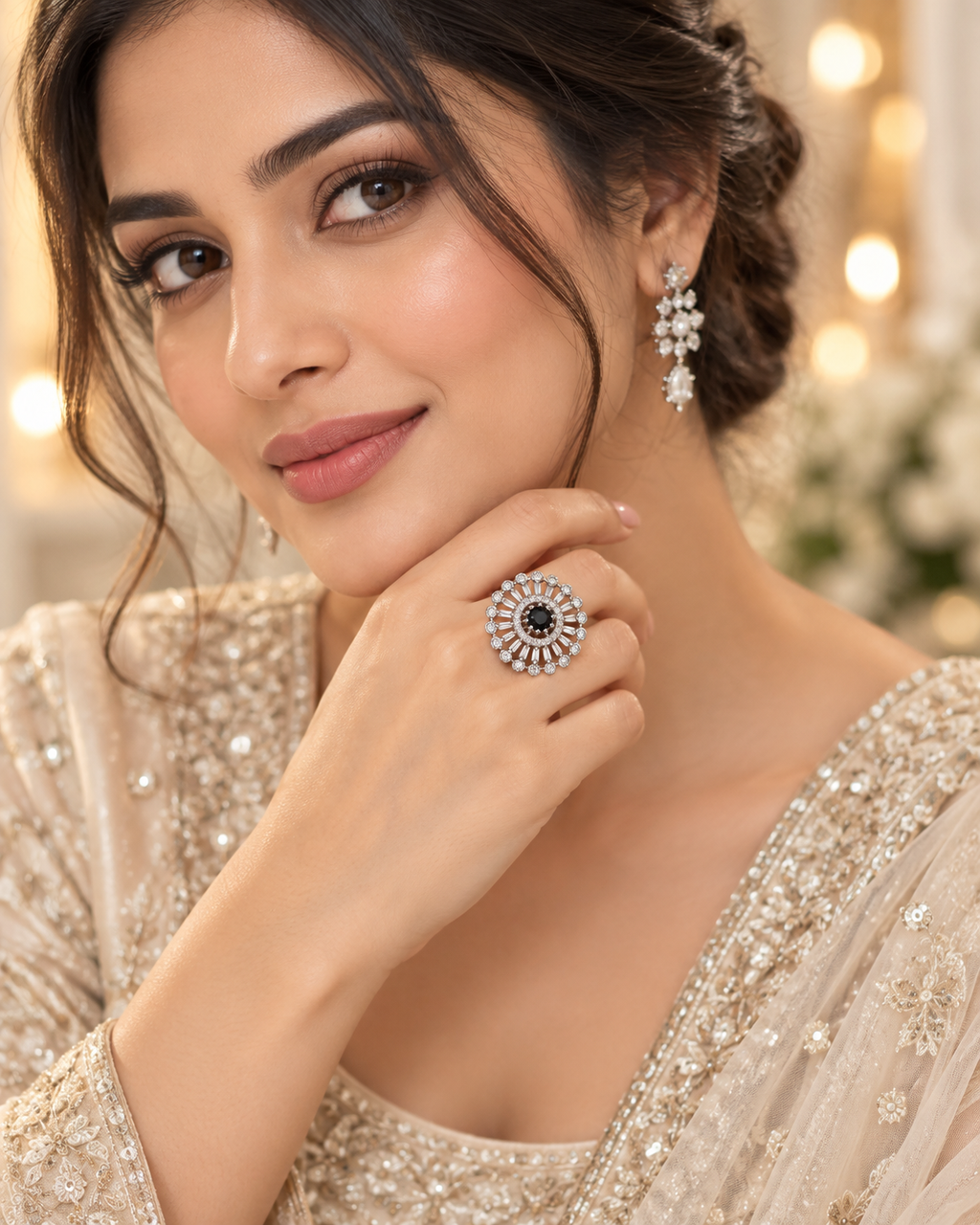 Black Crystal Halo Statement Ring | Silver-Tone Baguette & Round Stone Design