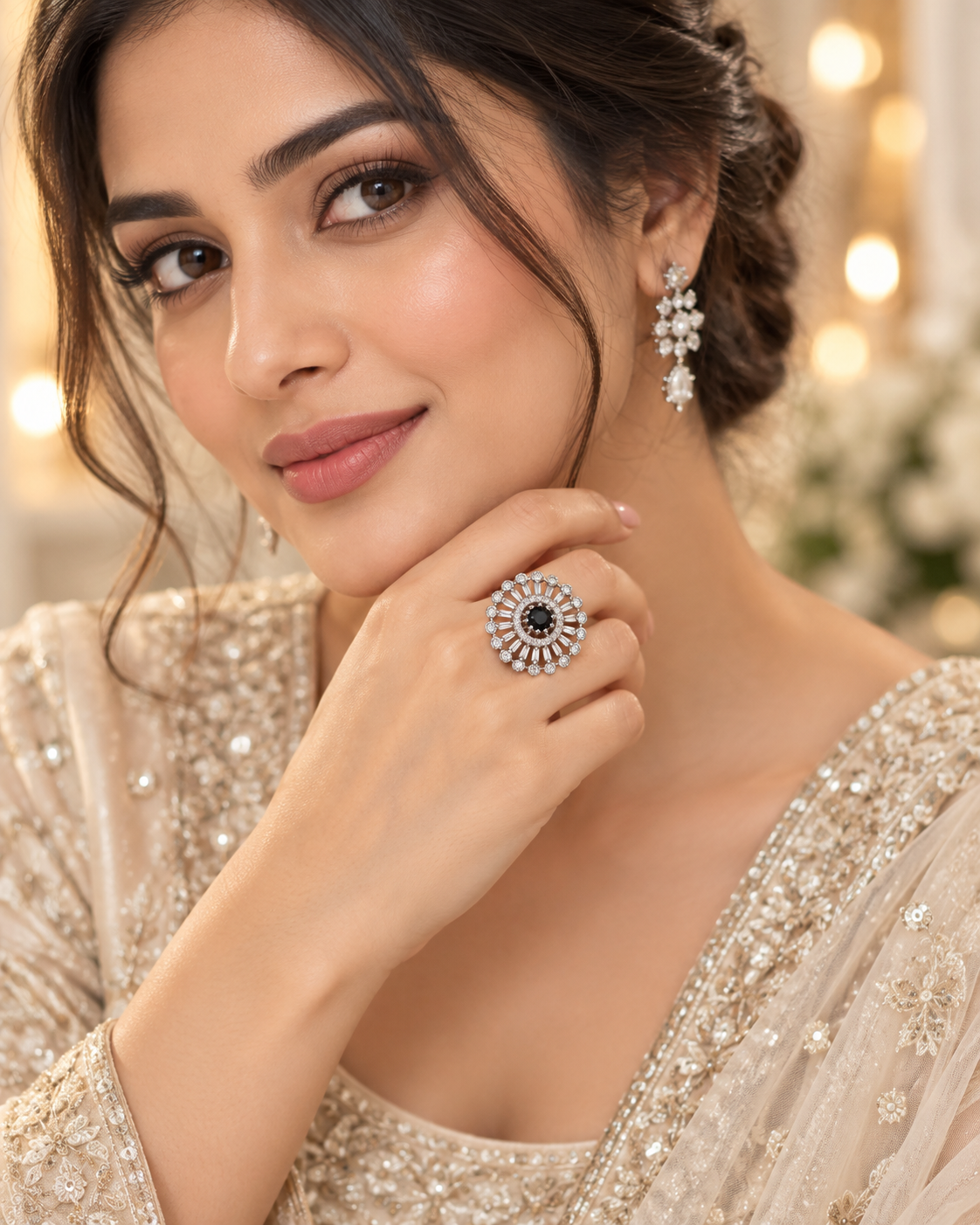 Black Crystal Halo Statement Ring | Silver-Tone Baguette & Round Stone Design