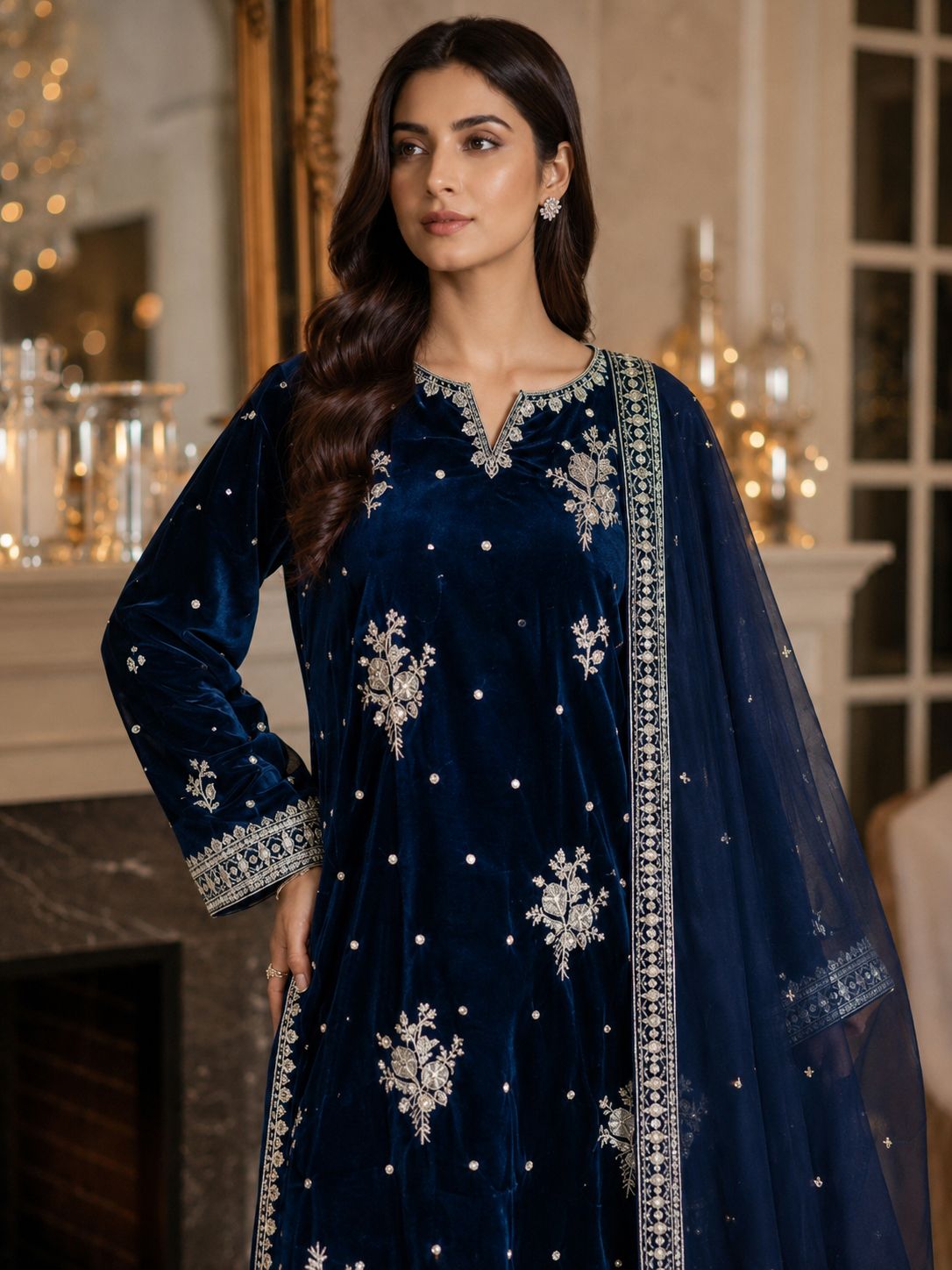 Pure Velvet 3-Piece Embroidered Suit | Thread & Sequence Work | Velvet Plazo + Chiffon Dupatta 2314