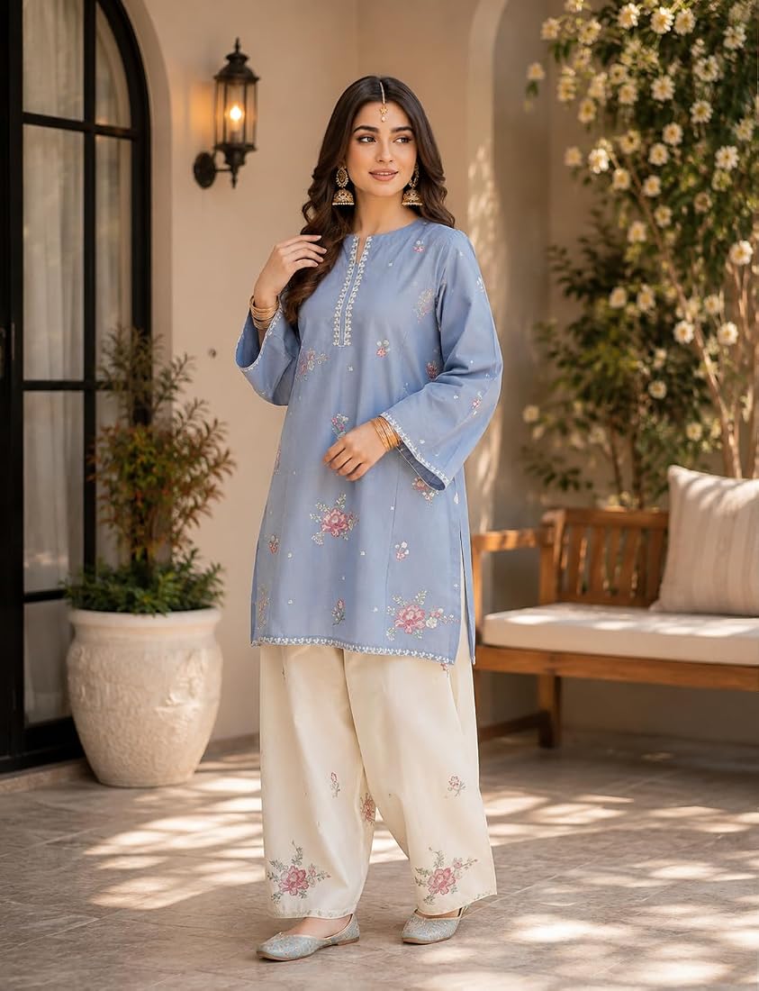 Blue embroidered shirt and cream embroidered farshi shalwar front view