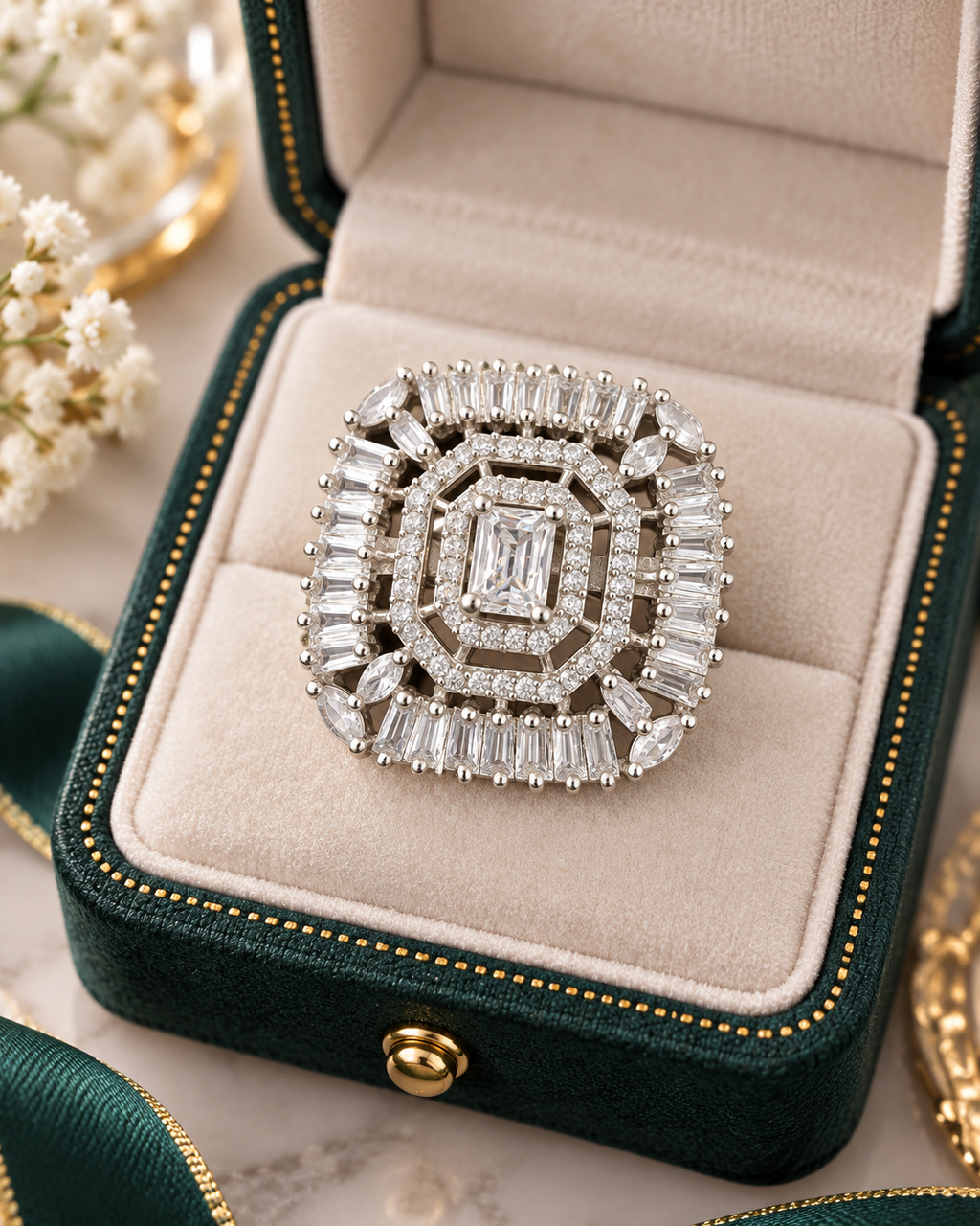 Luxury Silver Crystal Statement Ring | Emerald-Cut Halo Baguette Design