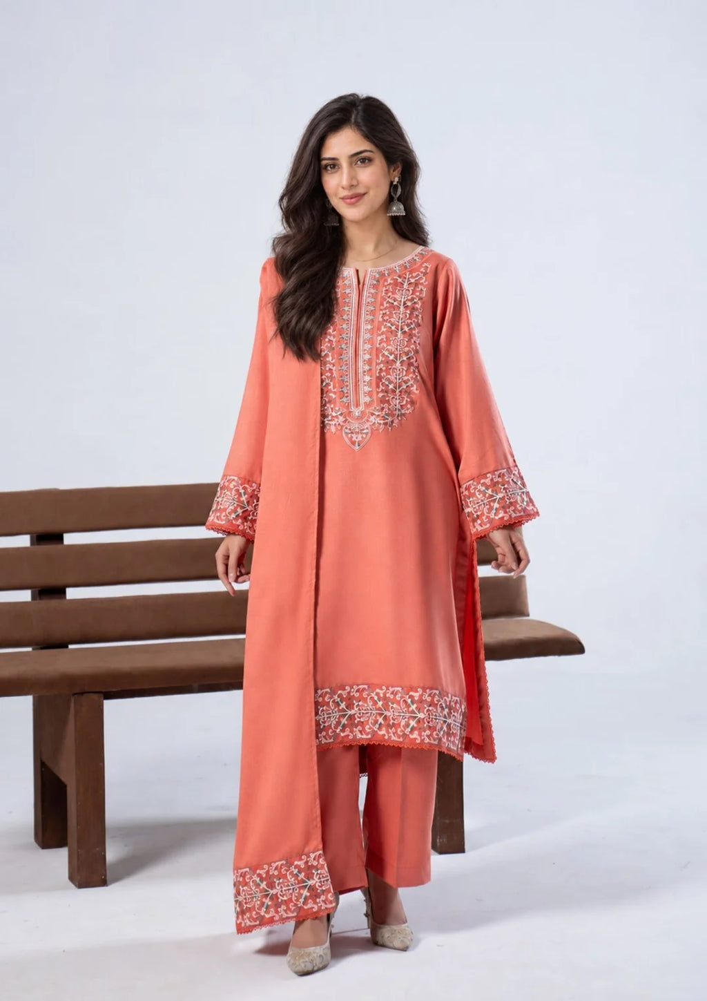 Full-length coral embroidered three-piece winter suit with coordinated shawl