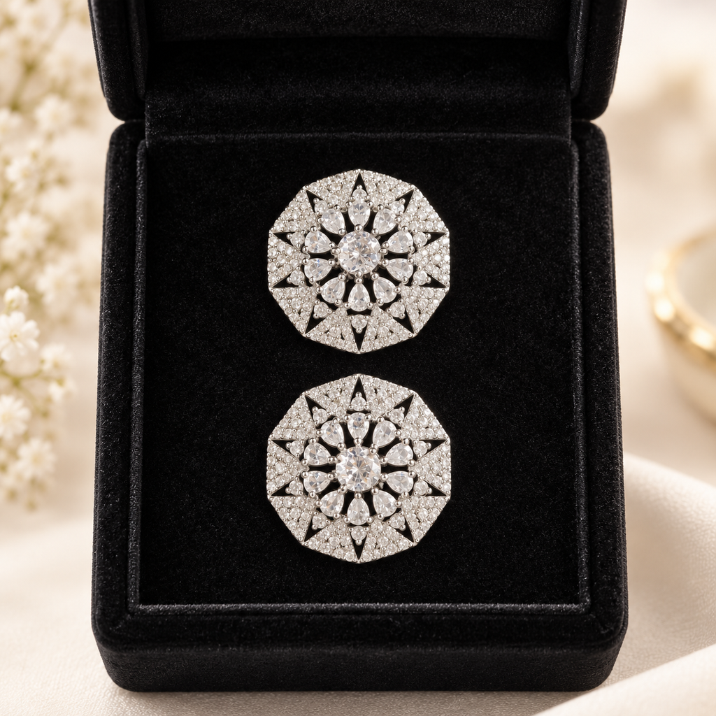 Silver Crystal Floral Statement Stud Earrings | Geometric Halo Design