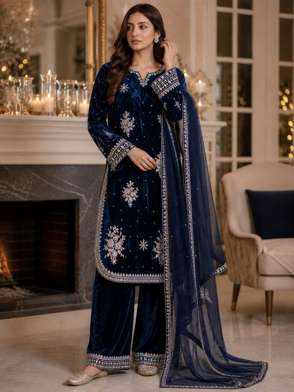 Pure Velvet 3-Piece Embroidered Suit | Thread & Sequence Work | Velvet Plazo + Chiffon Dupatta 2314