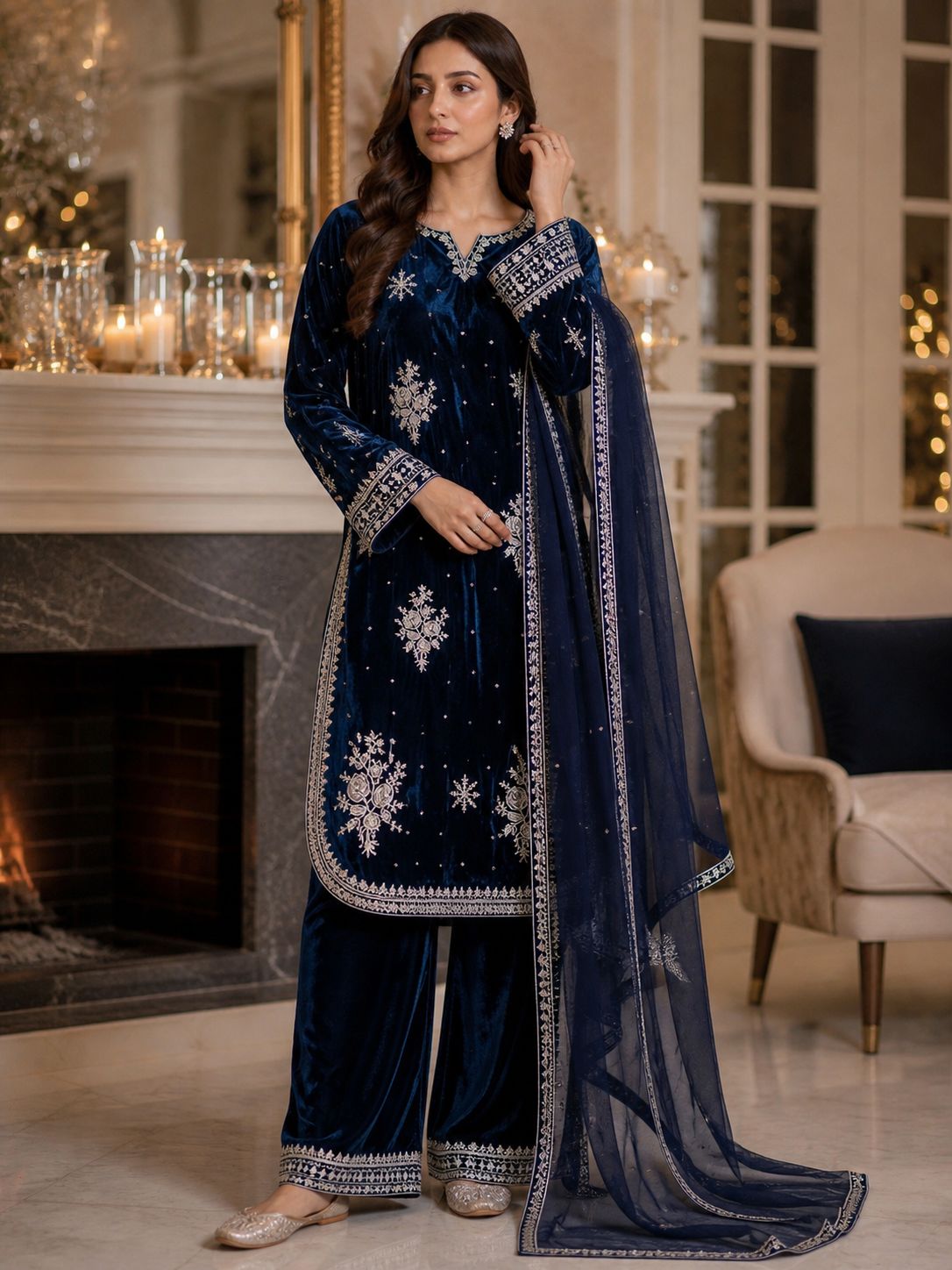 Pure Velvet 3-Piece Embroidered Suit | Thread & Sequence Work | Velvet Plazo + Chiffon Dupatta 2314