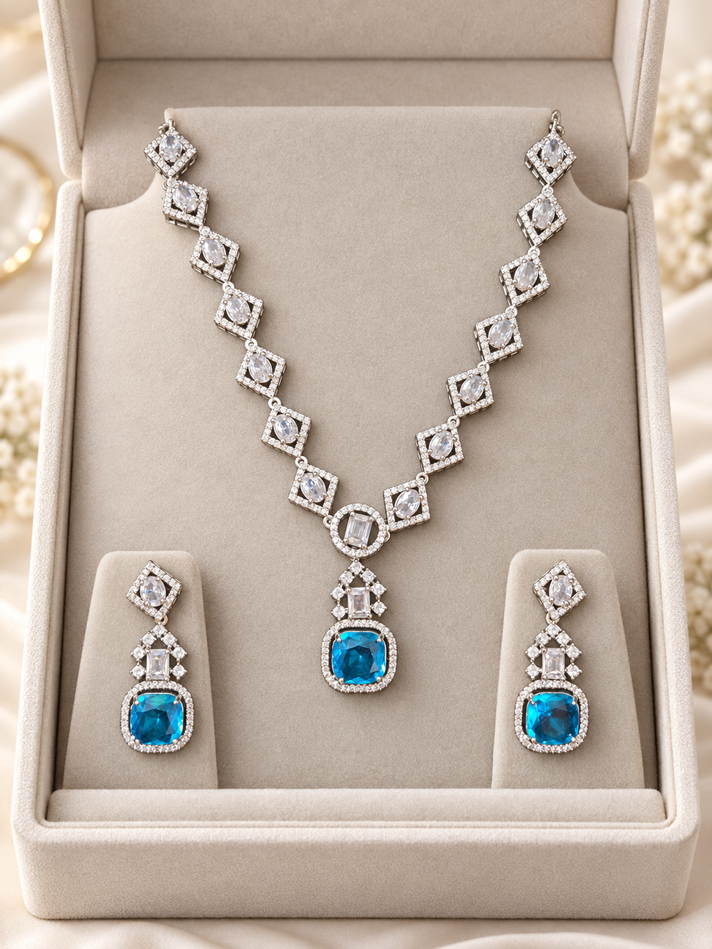 Royal Blue Crystal Pendant Necklace & Earrings Set – Silver Tone