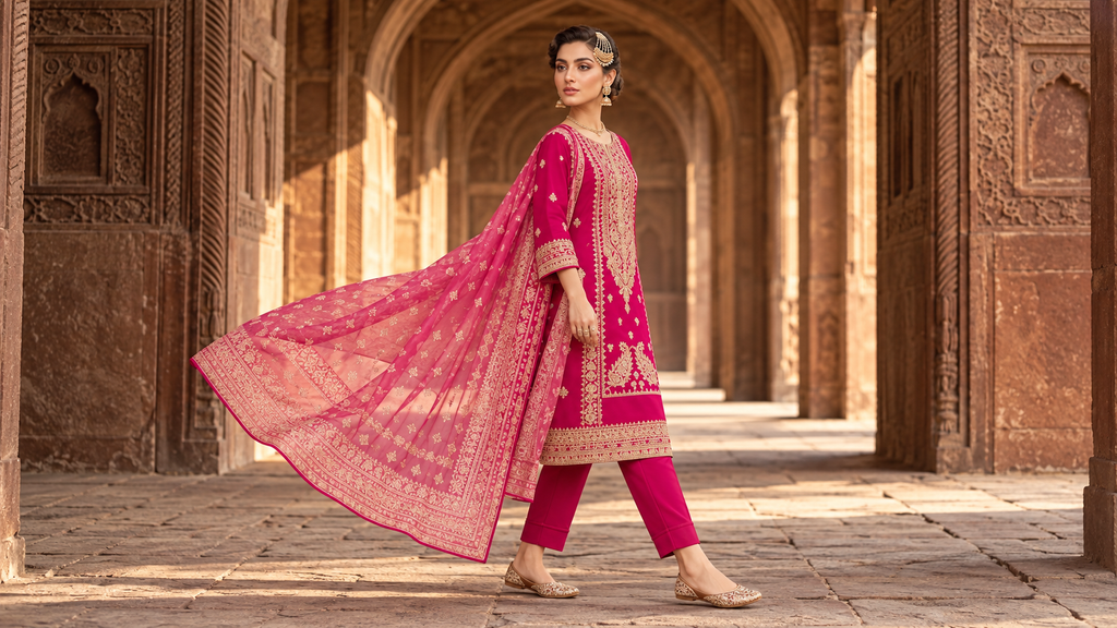 Side view of pink embroidered cotton three-piece suit and flowing printed chiffon dupatta