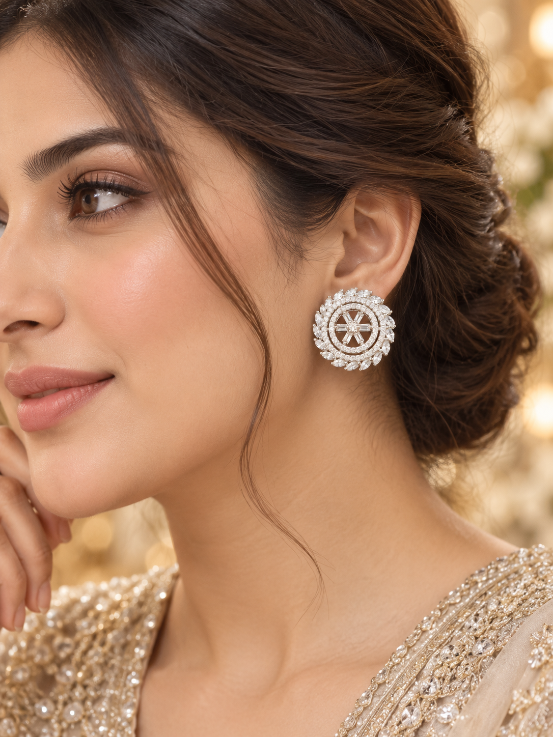 Silver Crystal Halo Stud Earrings | Elegant Round Statement Earrings
