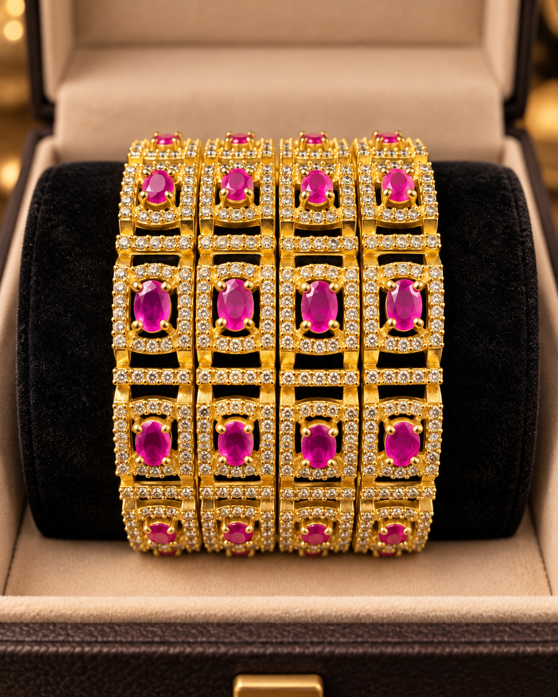 Gold and pink ruby 4-piece bangle set in jewellery box