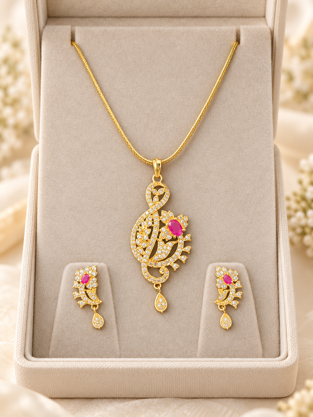 Gold-Tone Crystal Peacock Pendant Necklace & Earrings Set – Pink Stone