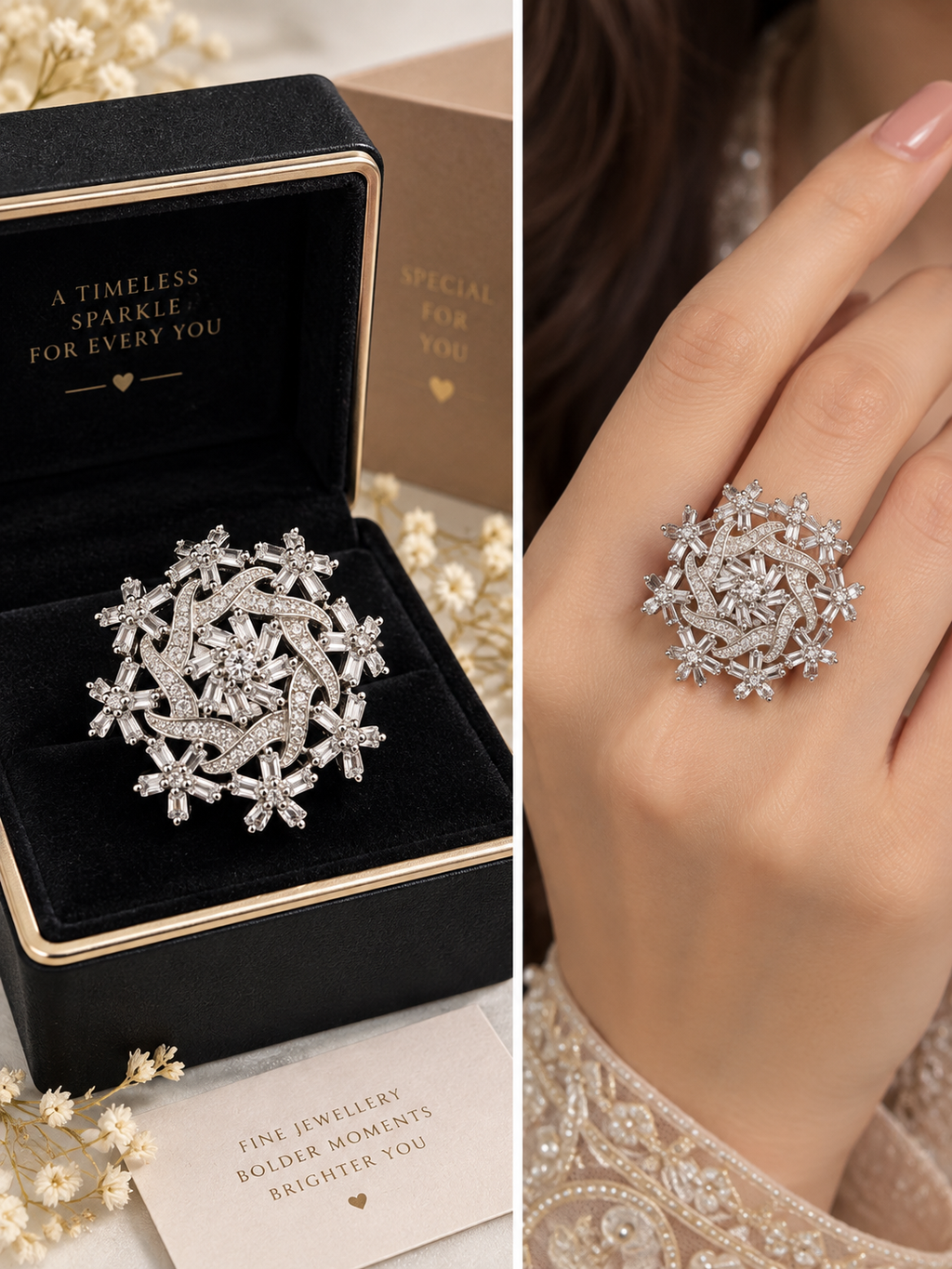 Luxury Silver Crystal Statement Ring | Floral Swirl Baguette Design