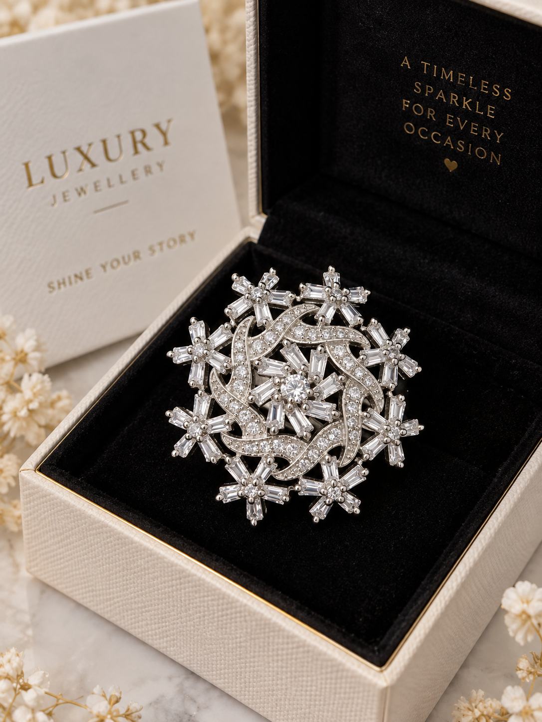 Luxury Silver Crystal Statement Ring | Floral Swirl Baguette Design