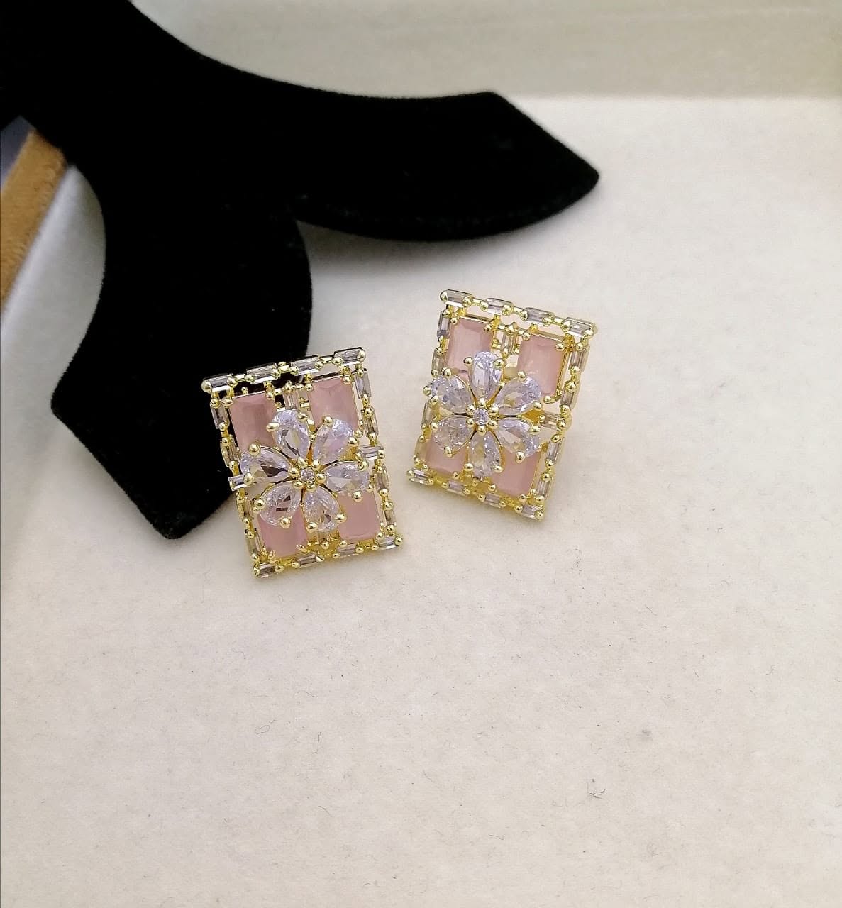 Blush Pink Floral Crystal Statement Earrings | Gold-Tone Rectangular Studs