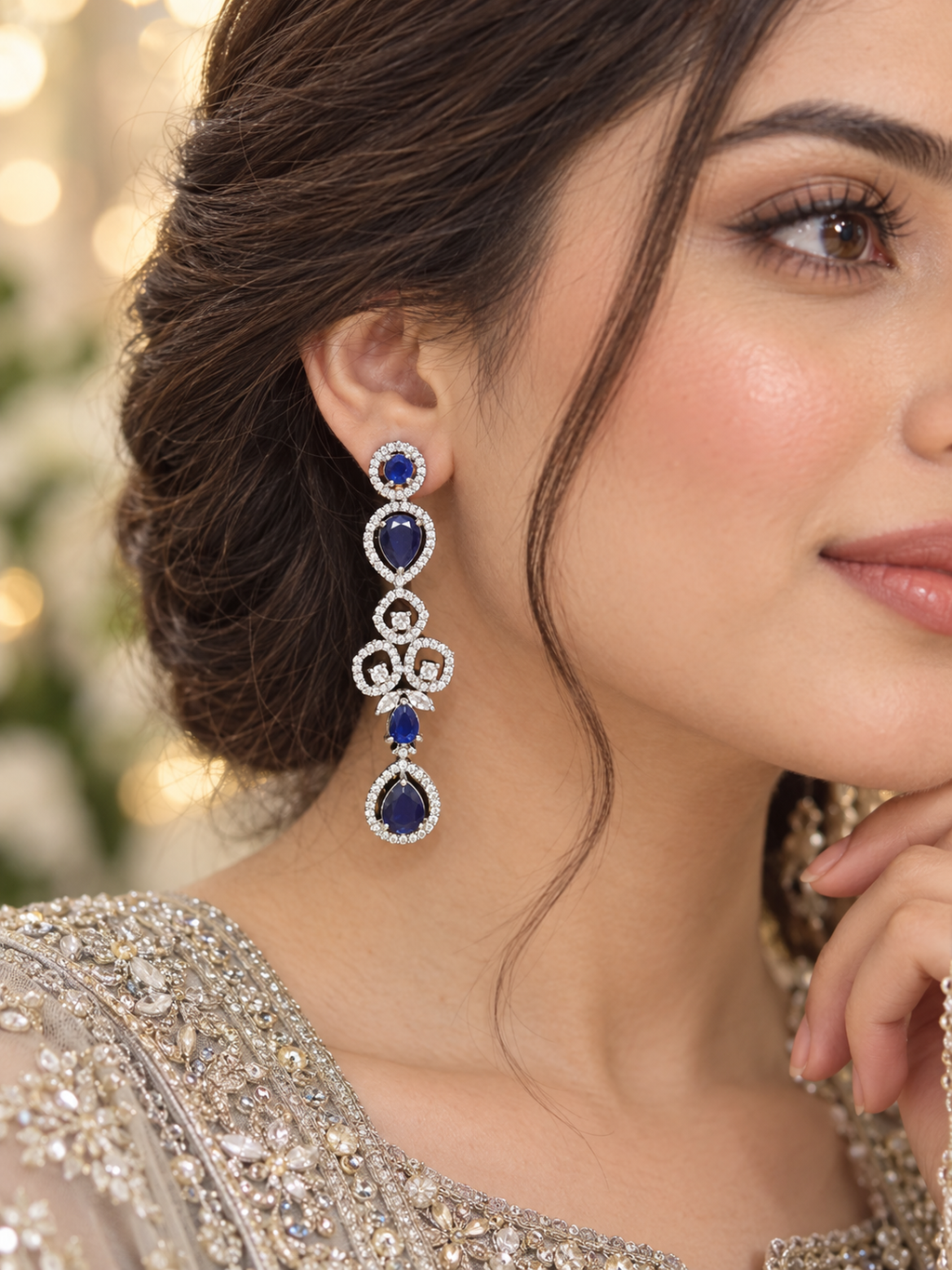 Royal Blue Crystal Drop Earrings | Silver-Tone Statement Earrings
