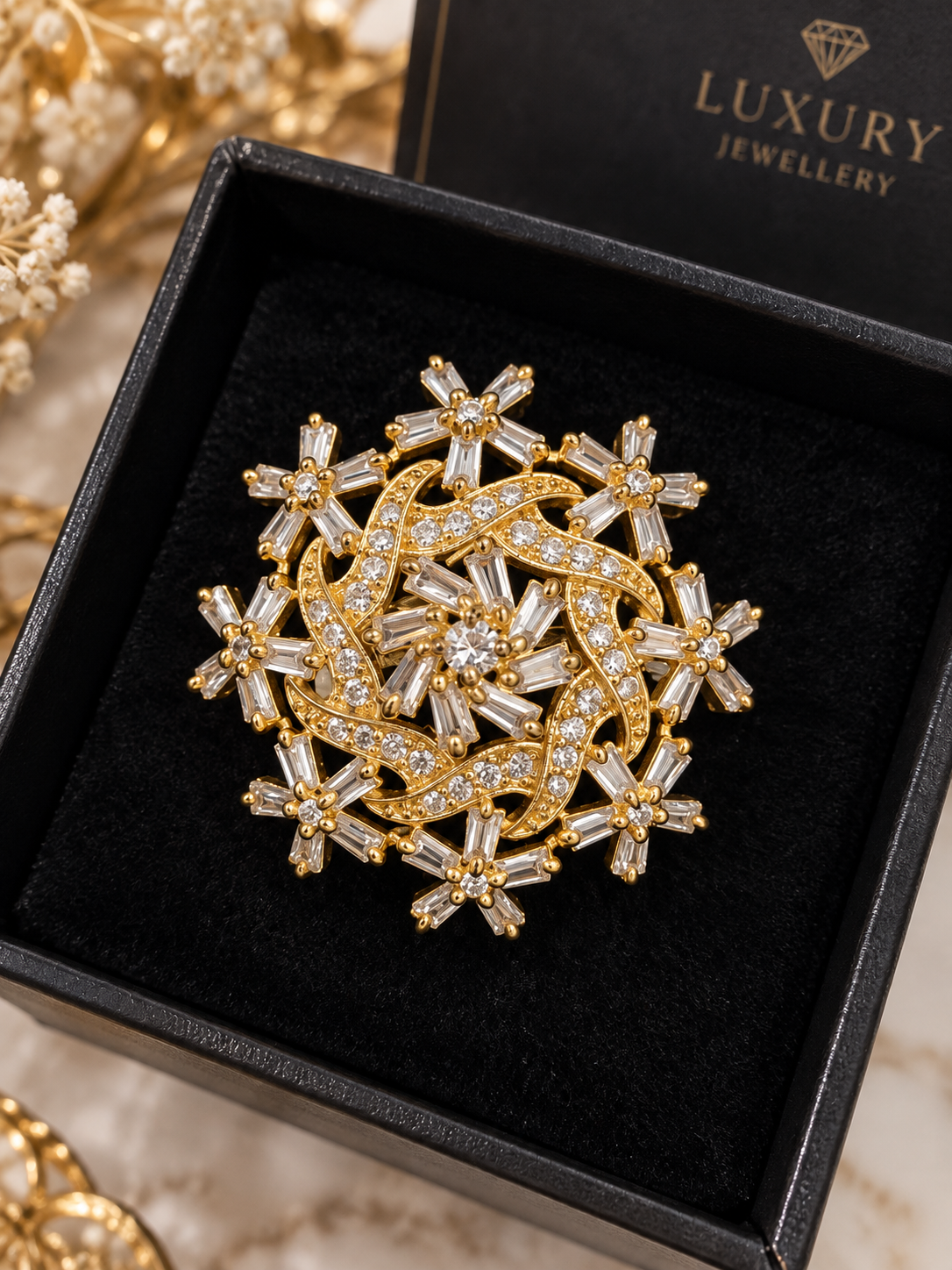 Golden Crystal Floral Statement Ring | Luxury Baguette Cocktail Ring