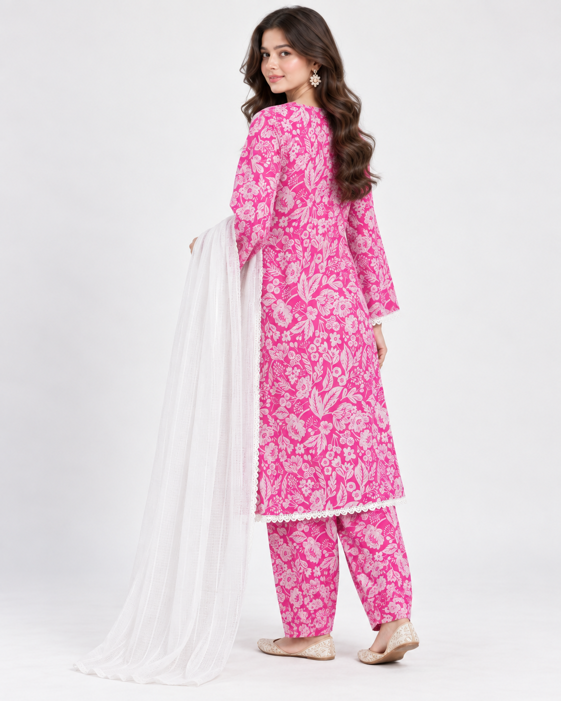 Back view of pink Aghannoor cotton outfit with printed salwar and white dupatta