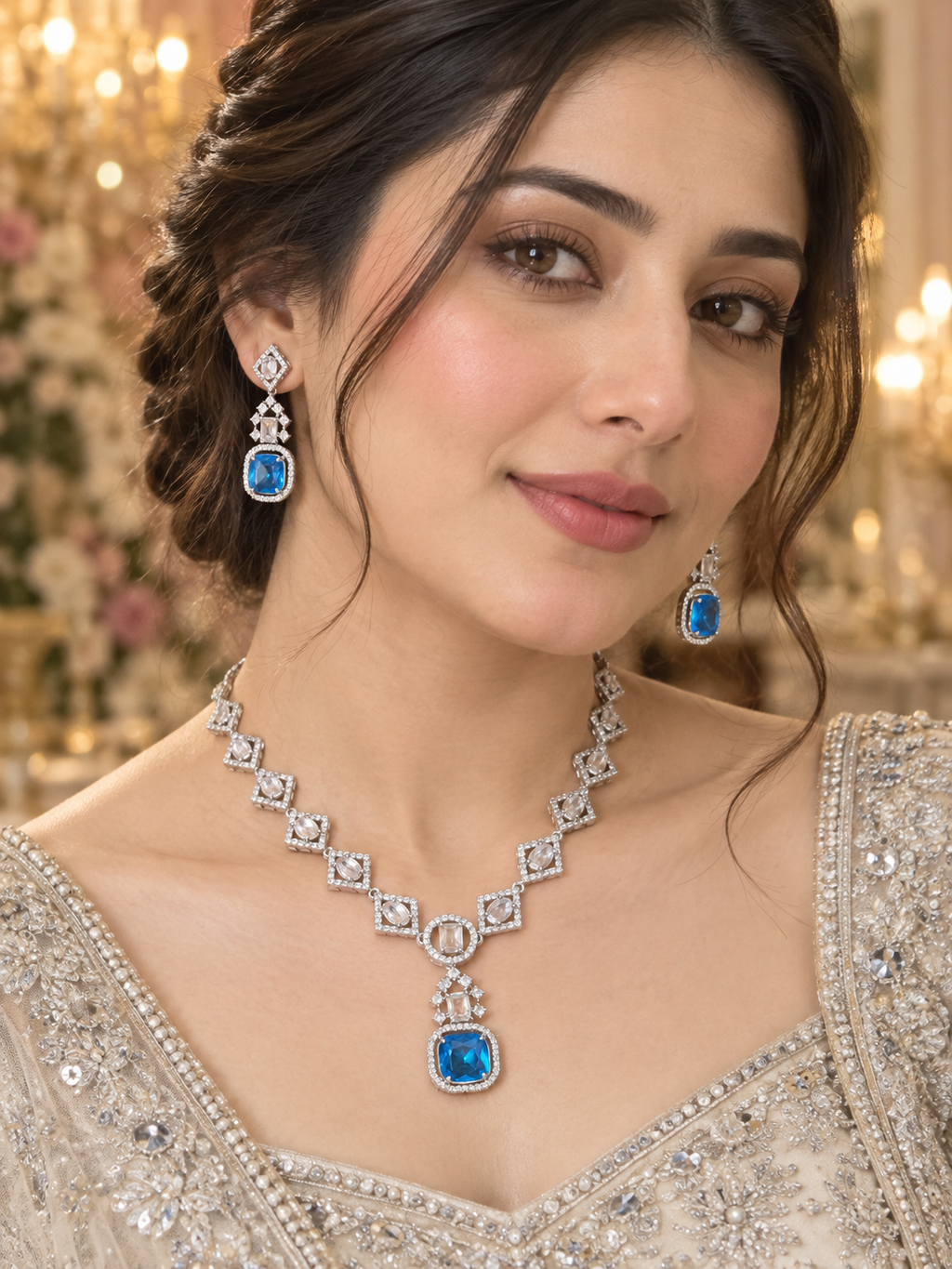 Royal Blue Crystal Pendant Necklace & Earrings Set – Silver Tone