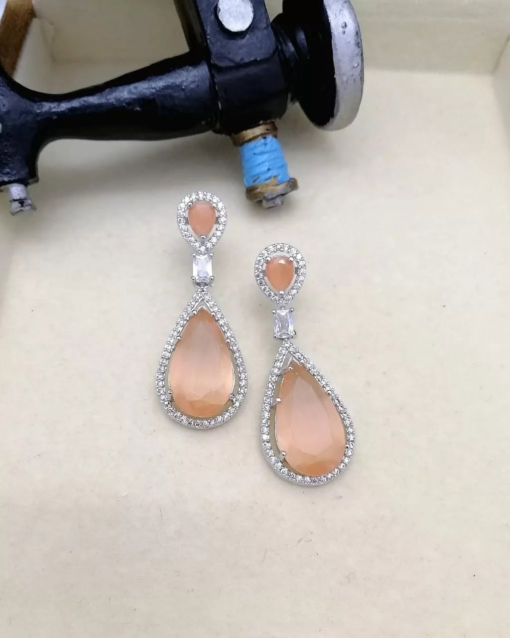 Peach Teardrop Crystal Drop Earrings | Silver-Tone Elegant Party Earrings
