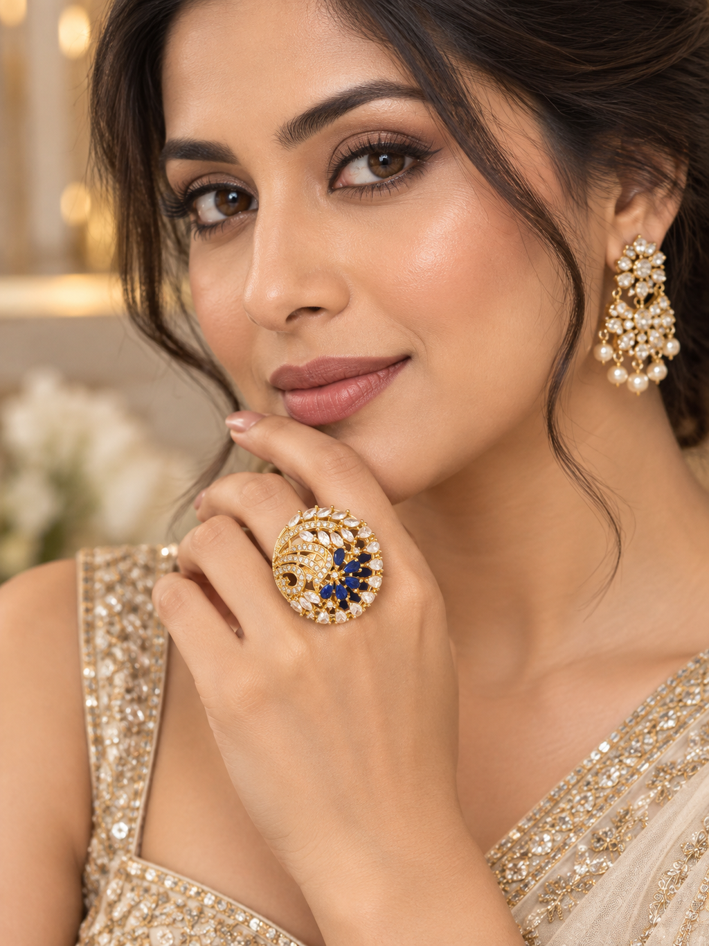 Royal Blue & Clear Crystal Statement Ring | Gold-Tone Floral Cocktail Ring