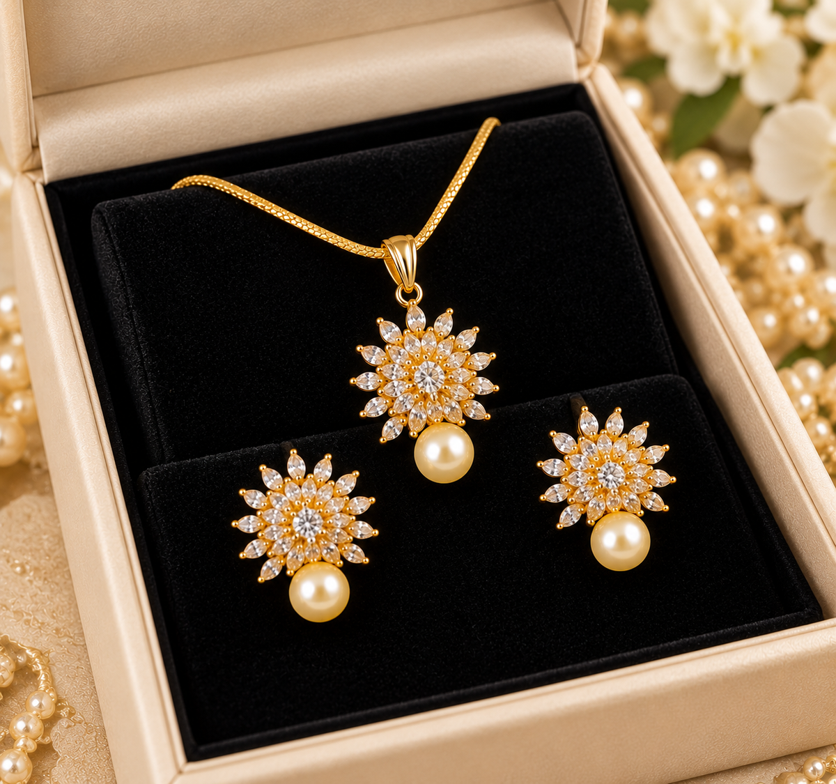 Gold-colour floral pendant necklace and matching earrings with cream pearl-style drops in a jewellery box