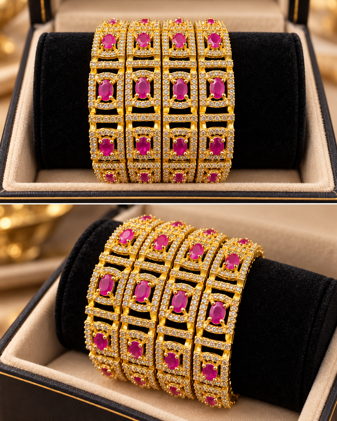 Gold and pink ruby bangles close up